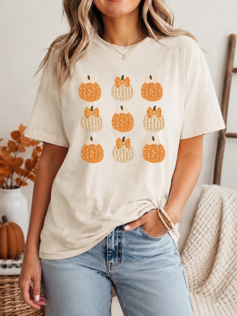 Women's Cream Pumpkin Graphic Tee - Seasonal Fall Top